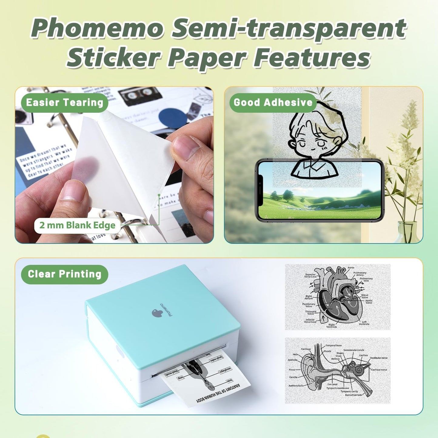Semitransparent Self-Adhesive Thermal Paper, Glossy Printable Sticker Paper Label for M02/M02 Pro/M02S/P2S/M03/M04S Mini Sticker Printer, 50Mm X 3.5M, Diameter 28Mm, 3-Rolls